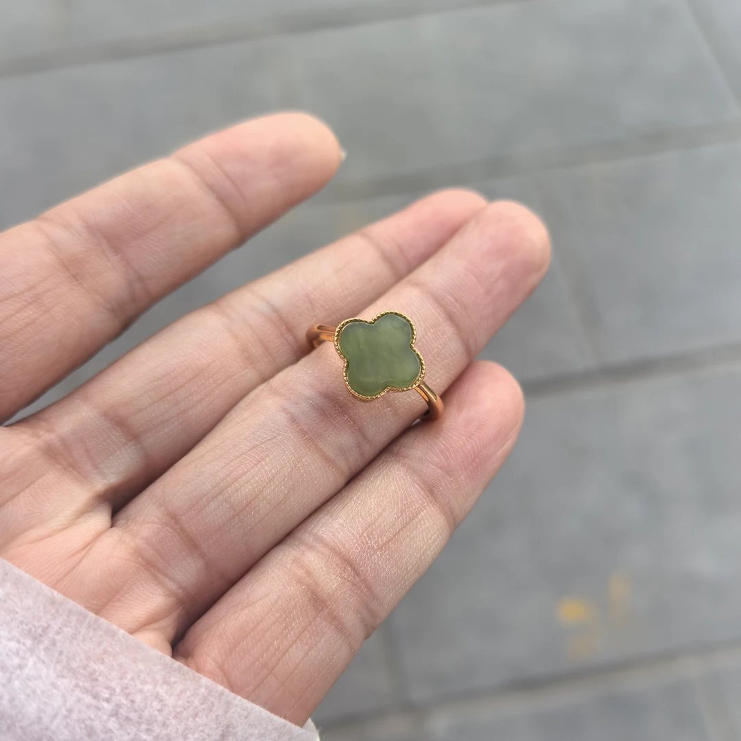 和田玉碧玉四叶草戒指--H