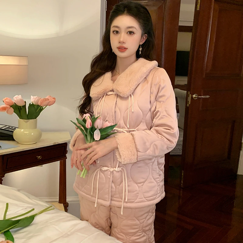 【兰薇套装】三层夹棉睡衣女士冬季纯色保暖甜美家居服可外穿