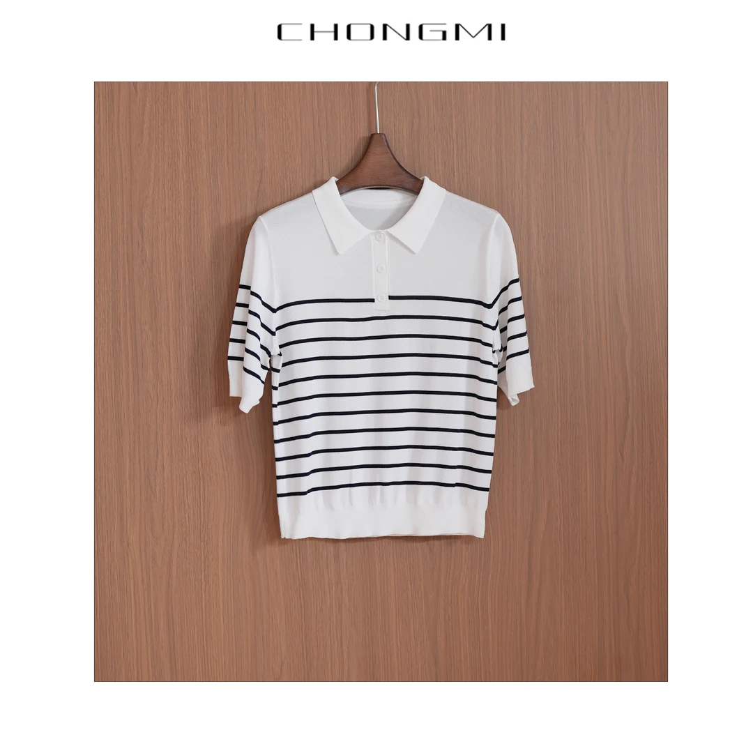 白色条纹双曲纱翻领毛针织衫女2025夏季新款套头轻奢针织衫P