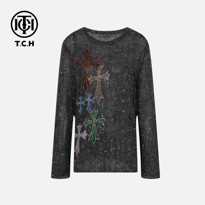 TCH烫钻工艺时尚秋季纯欲慵懒风针织衫女T75C09E5089轻奢tch