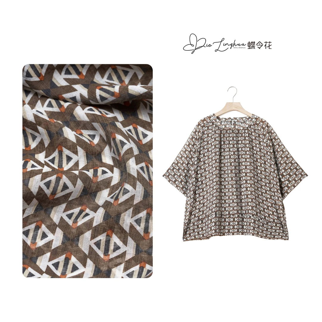 蝶令花夏季碎花宽松优雅复古七分袖落肩超薄气质印花上衣B-241046