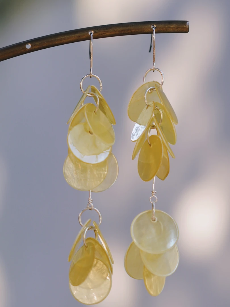 合金贝壳耳饰 Dust無尘手作饰品 圆形贝壳长款流苏耳环