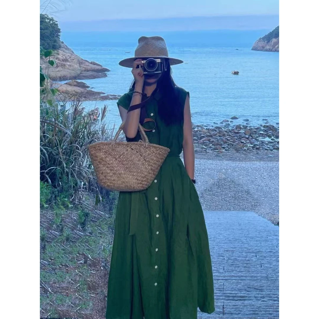 2025新款高级感夏季绿色衬衫无袖连衣裙女法式小众洋后妈裙夏季