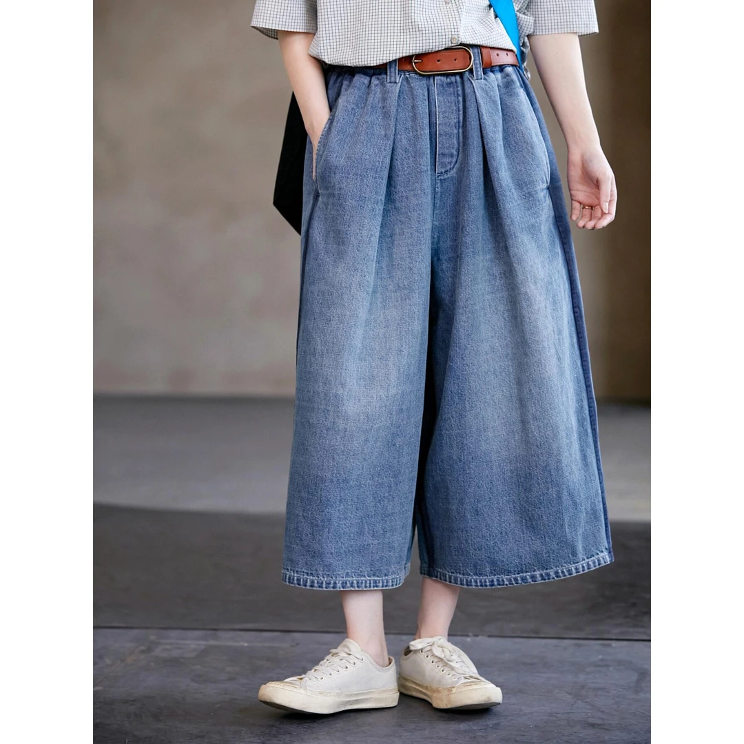 夏浅青蓝色苎麻棉松紧腰宽松牛仔A字阔腿裤