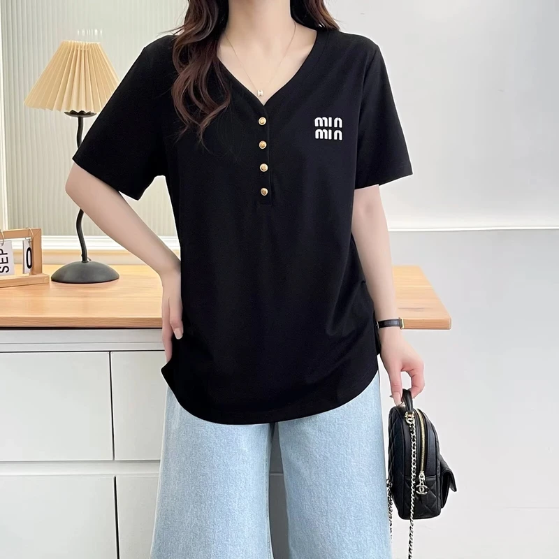 V领正肩洋气大码设计感短袖T恤遮肉显瘦大版上衣百搭印花时尚女装