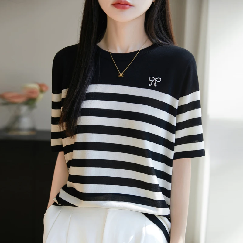 正品哥弟新款【棉+桑蚕丝】韩版条纹短袖女超薄透气拼色莱赛尔T恤