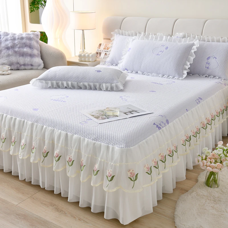 A类2025夏季冰丝席床裙款冰豆豆凉席刺绣花边蕾丝花边床裙软凉席