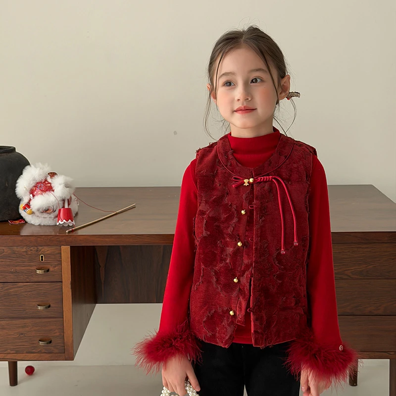 【新款】女童冬红韵满满盘扣添喜红色儿童盘扣马甲拜年服25M015