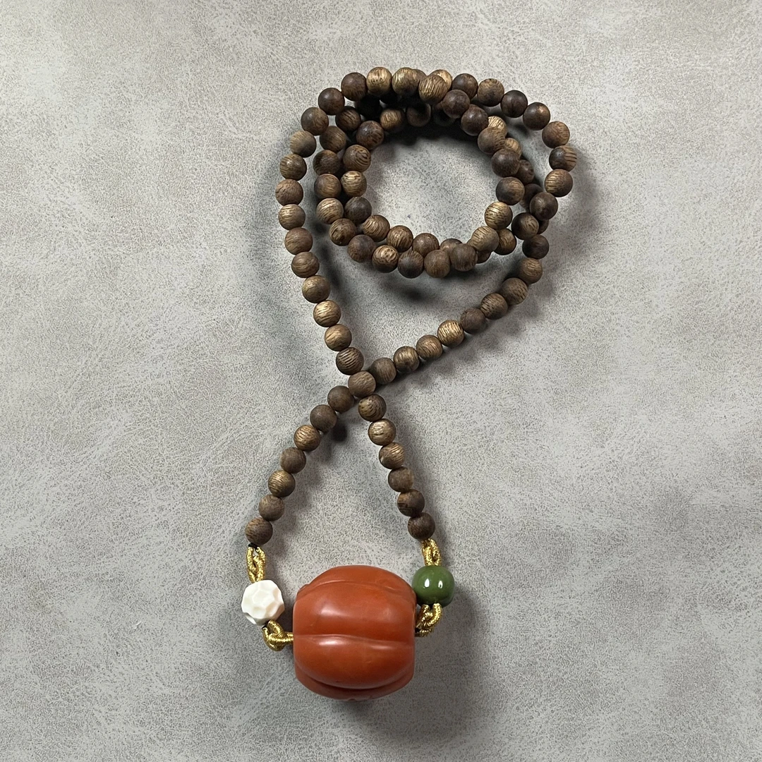 甘南 南红（精品）瓜珠脖挂 沉香配饰 满色满肉 孤品 设计款 7325