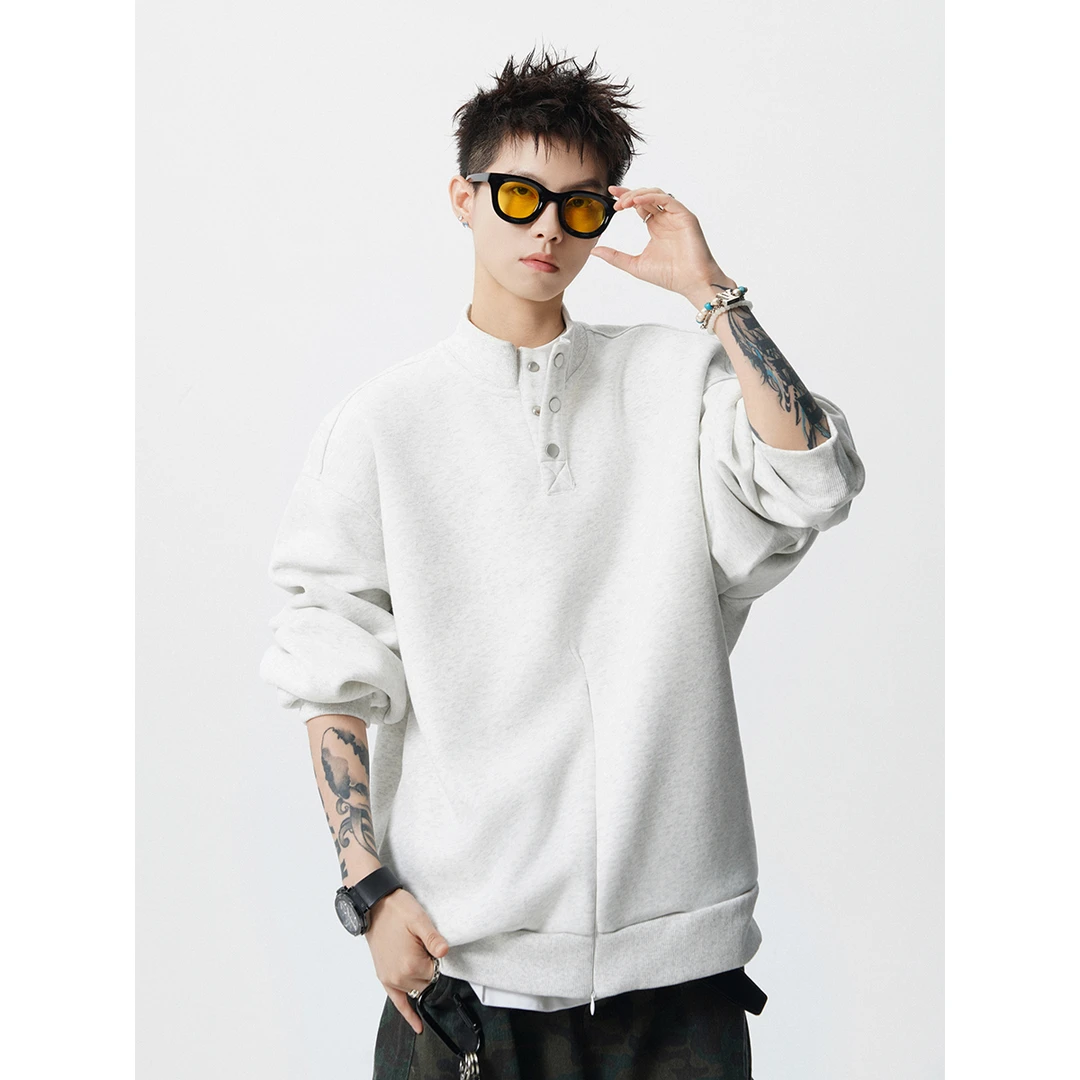 美式刺绣亨利领卫衣男女秋季宽松外套重磅少年感长袖上衣