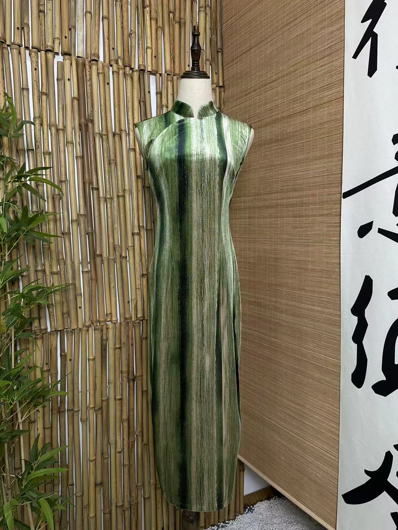 【空青】2025年春夏款单层丝绒半开襟无袖气质日常旗袍长约123