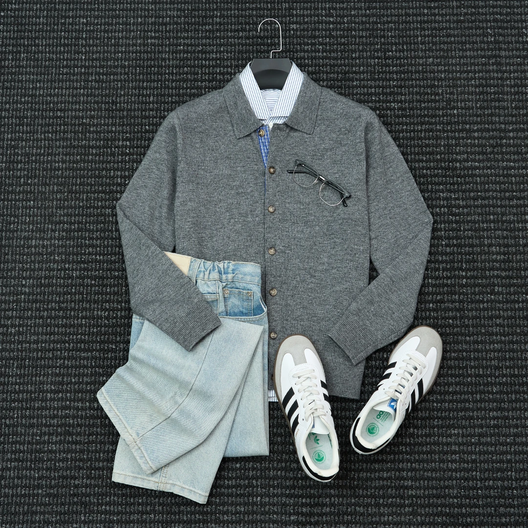 Mrperfect秋冬季拼接休闲毛线衣男士翻领针织毛衣男羊毛开衫外套