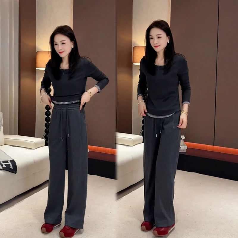 2025秋季新款设计感时尚套装百搭长袖上衣女搭配休闲阔腿裤两件套
