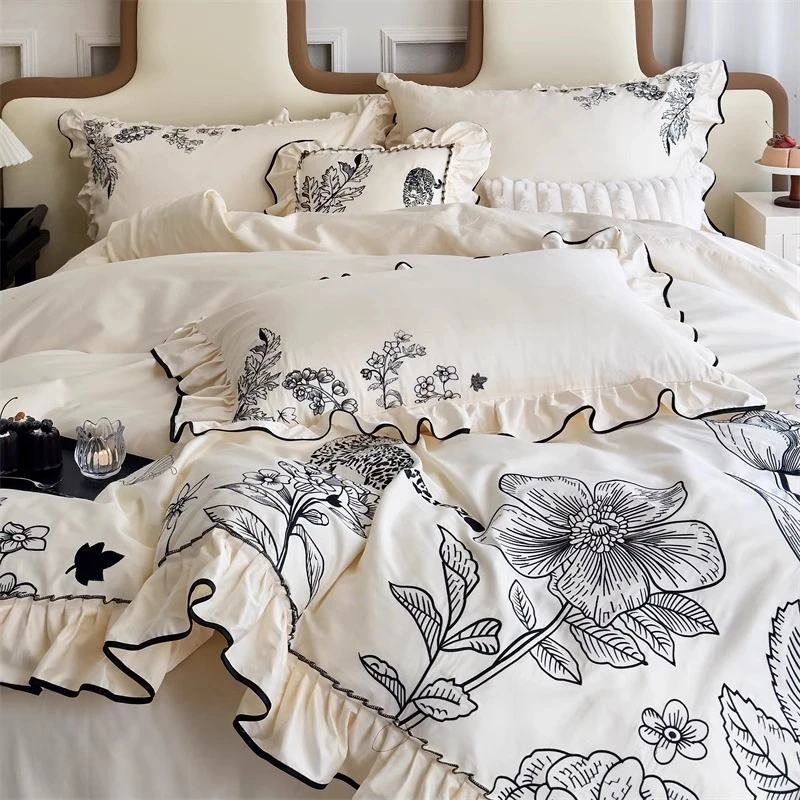 法式100支复古纯棉全棉刺绣四件套轻奢床上用品床单被套亲肤柔软