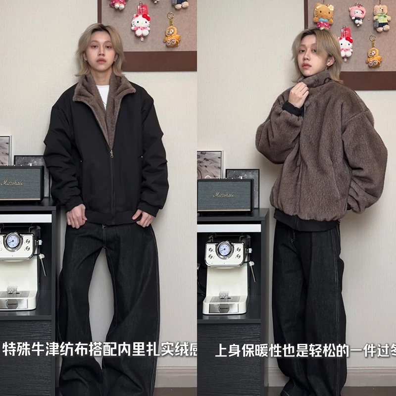 短款两面穿座山雕棉衣男款冬季银蓝狐重磅水洗帆布高级感加绒棉服