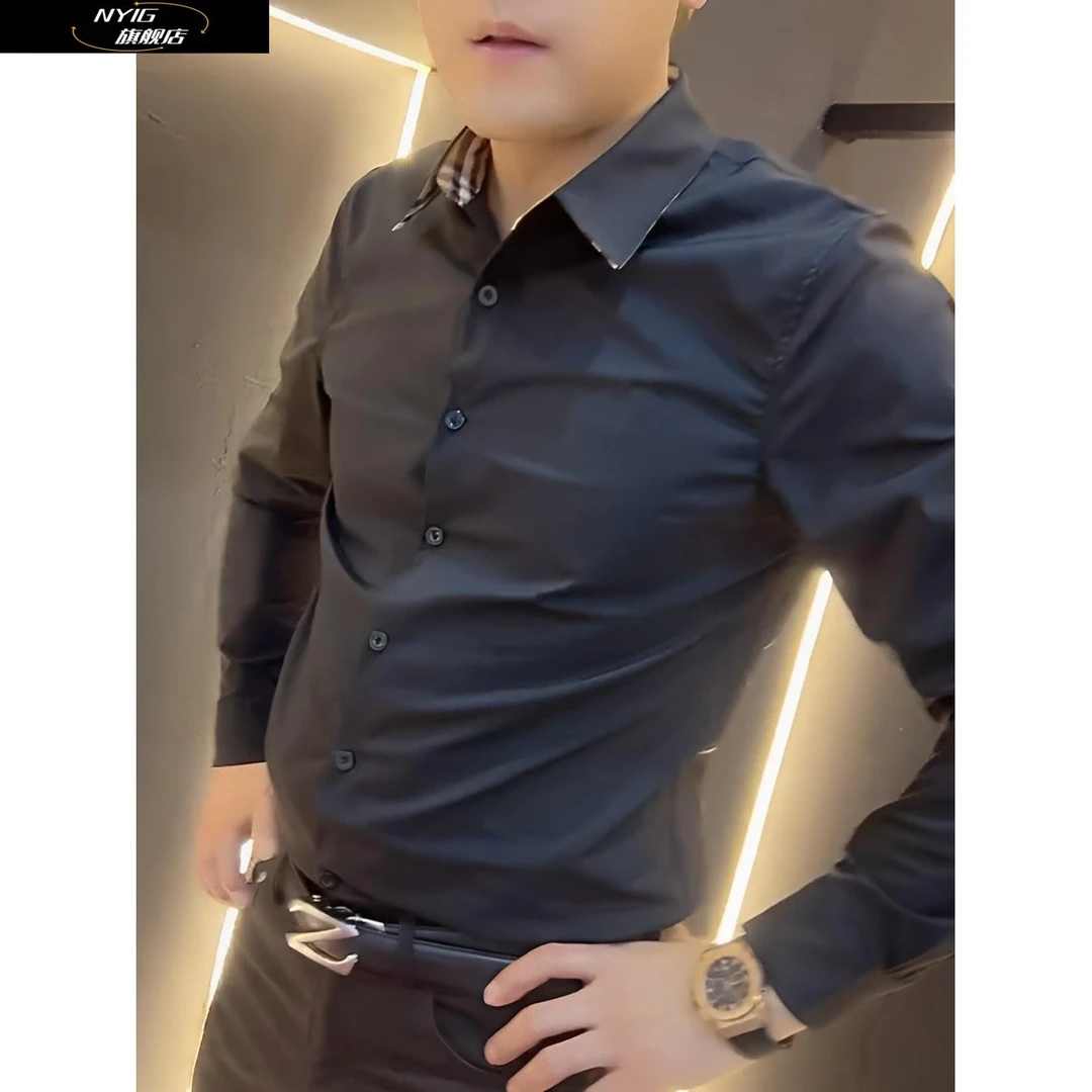 NYIG2025新衬衫男士优雅休闲时尚百搭修身优雅黑色衬衫长袖商务