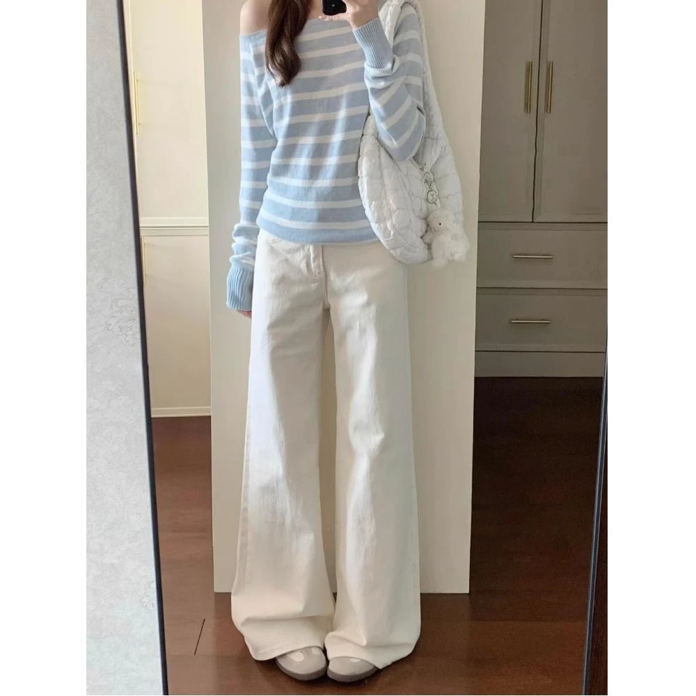 白色微喇牛仔裤女2025春季新款高腰辣妹显瘦不贴腿拖地马蹄喇叭裤