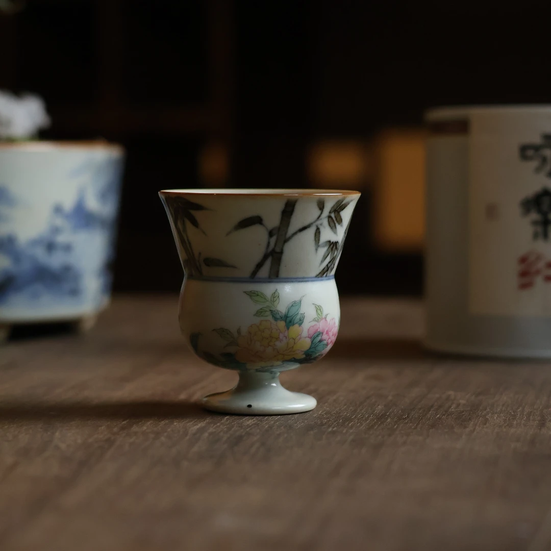 【小田甄陶】仙鹤牡丹福禄-霖溪山房-高足杯（霖溪0100）