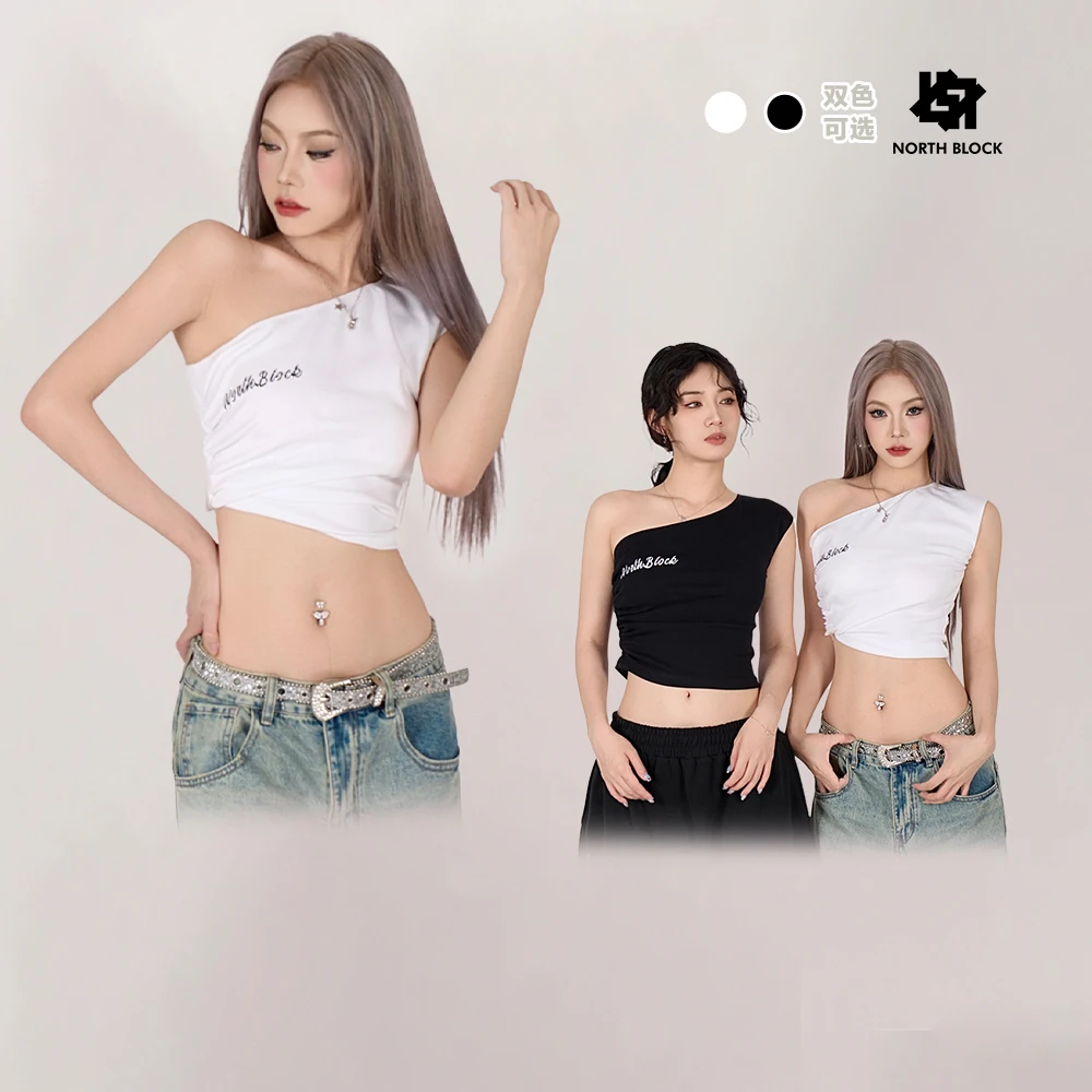 NorthBlock北街区斜领露肩背心凉感冰皮棉jazz烫钻印花露脐短上衣