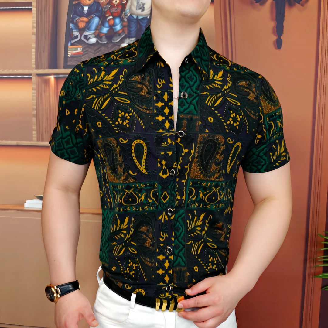 《墨绿风情》2025夏衬衫商务时尚休闲百搭修身翻领帅气潮流个性男士