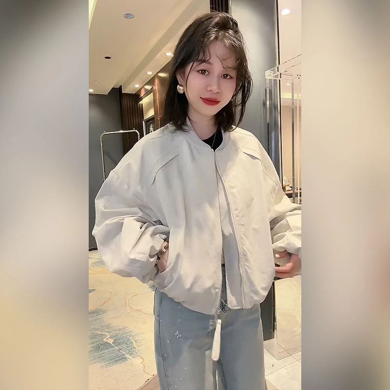 韩版设计感纯色水洗棉立领长袖短外套春季新款时尚休闲短款棒球服