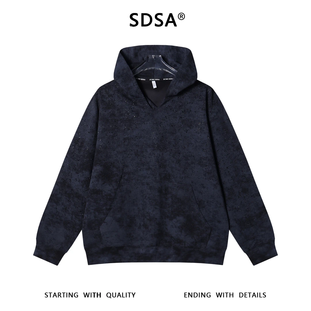 SDSA男士秋冬新款痞帅男装潮牌扎染烫钻连帽卫衣百搭重工时尚上衣