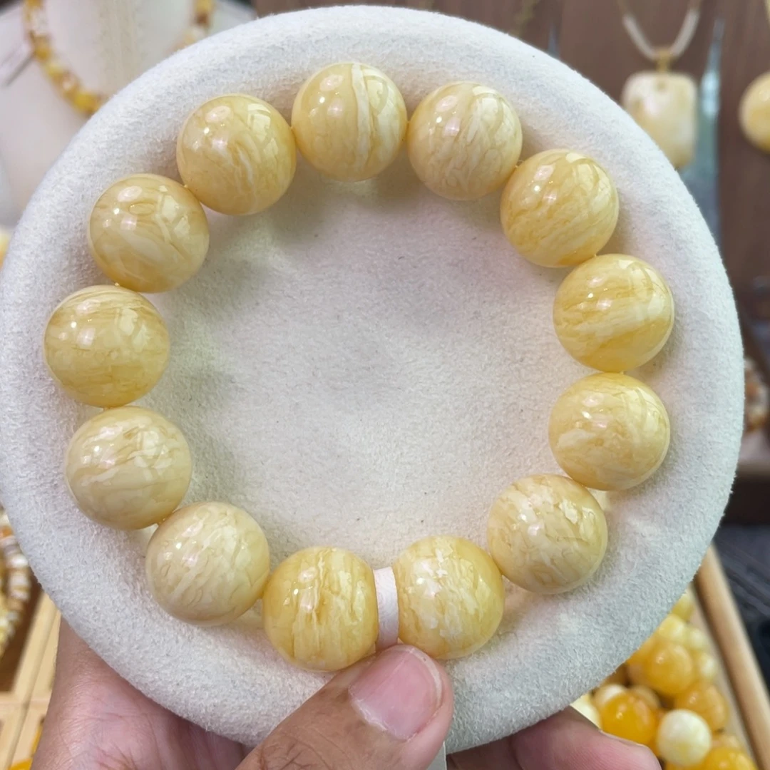 琥珀未镶嵌手链卡18mm 俄料满白浓蜡虎皮纹同料圆珠单圈