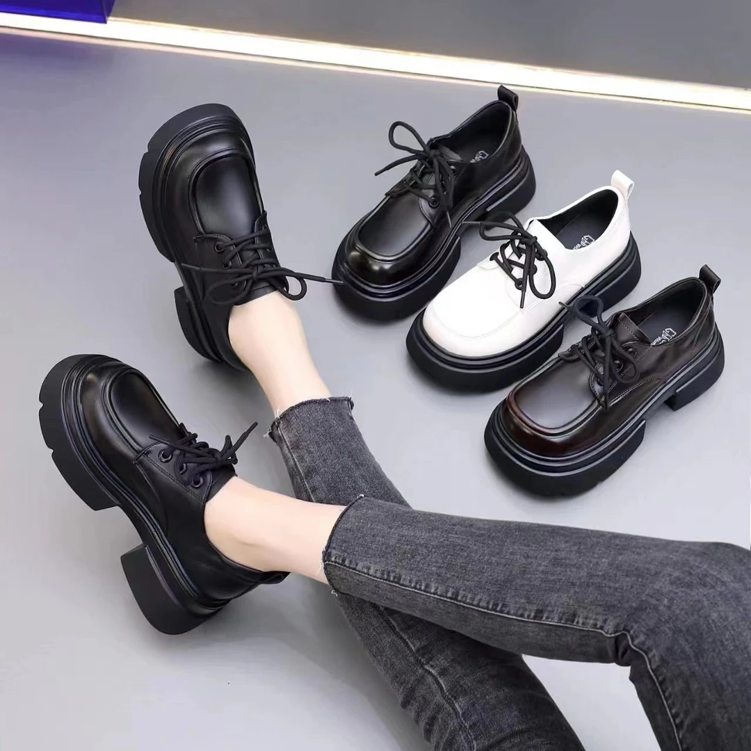 英伦风复古乐福鞋女厚底增高春季圆头小单鞋茶棕色时尚休闲女鞋子