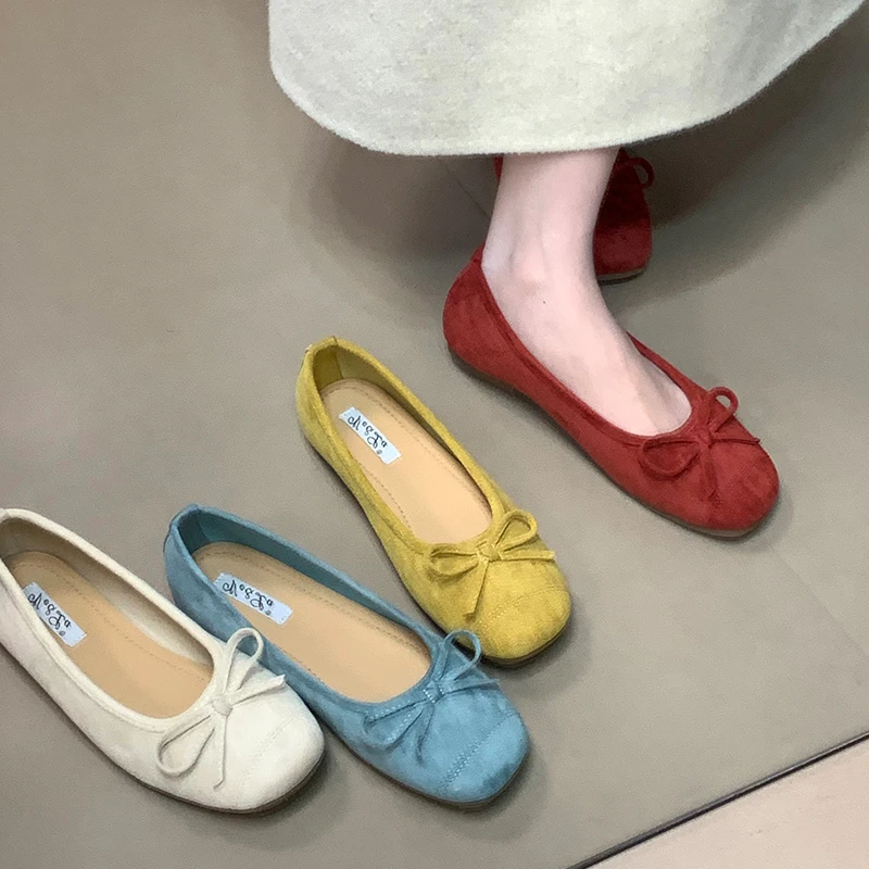 甜美温柔平底圆头单鞋女2025年春秋新款软底绒面浅口蝴蝶结芭蕾鞋