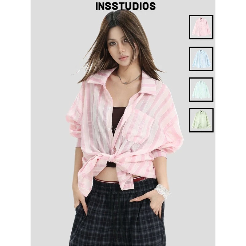 INSstudios 国潮牌情侣美式半透明条纹肌理薄款衬衫宽松防晒外套