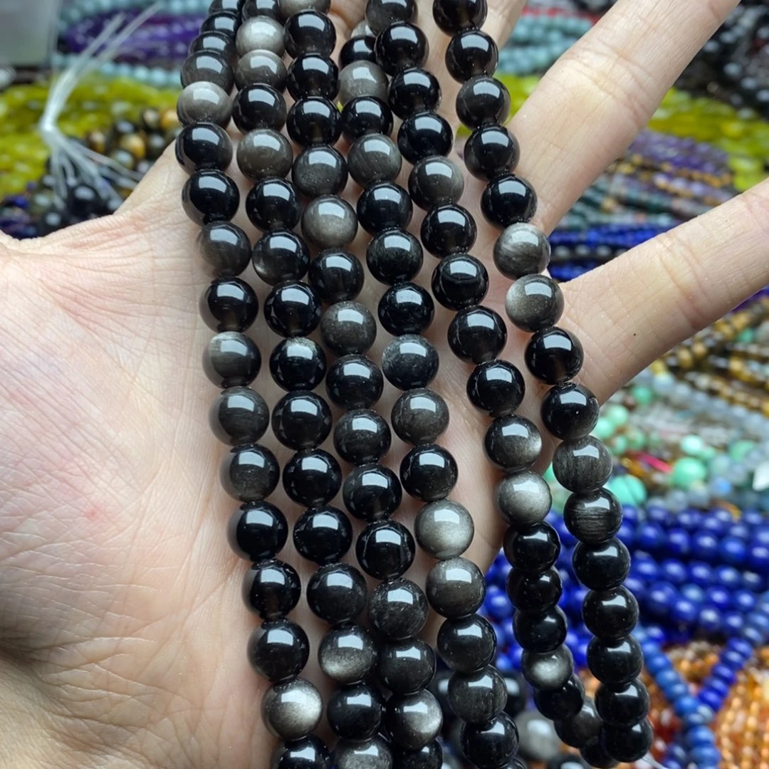 玛瑙/玉髓合金珠宝半成品一条天然8mm银曜石圆珠