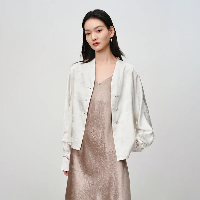 EP雅莹2025新款女装 真丝印花v领白色衬衫桑蚕丝上衣1250A