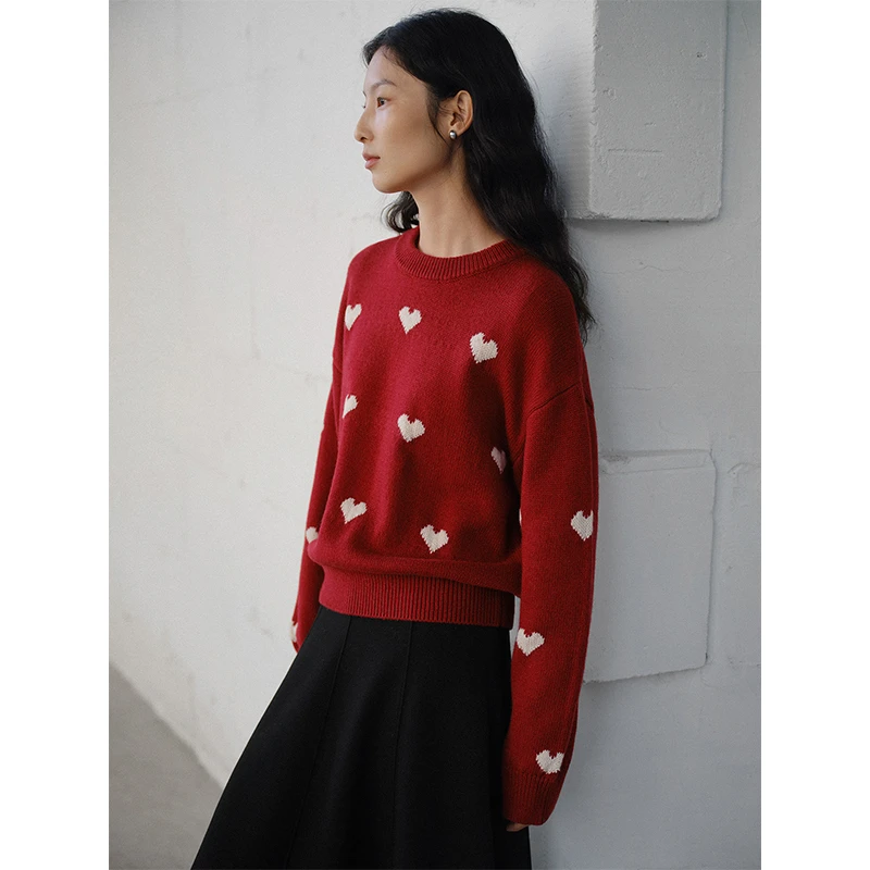 素典圣诞新年宽松红色爱心毛衣秋冬新款设计感圆领软糯上衣3190