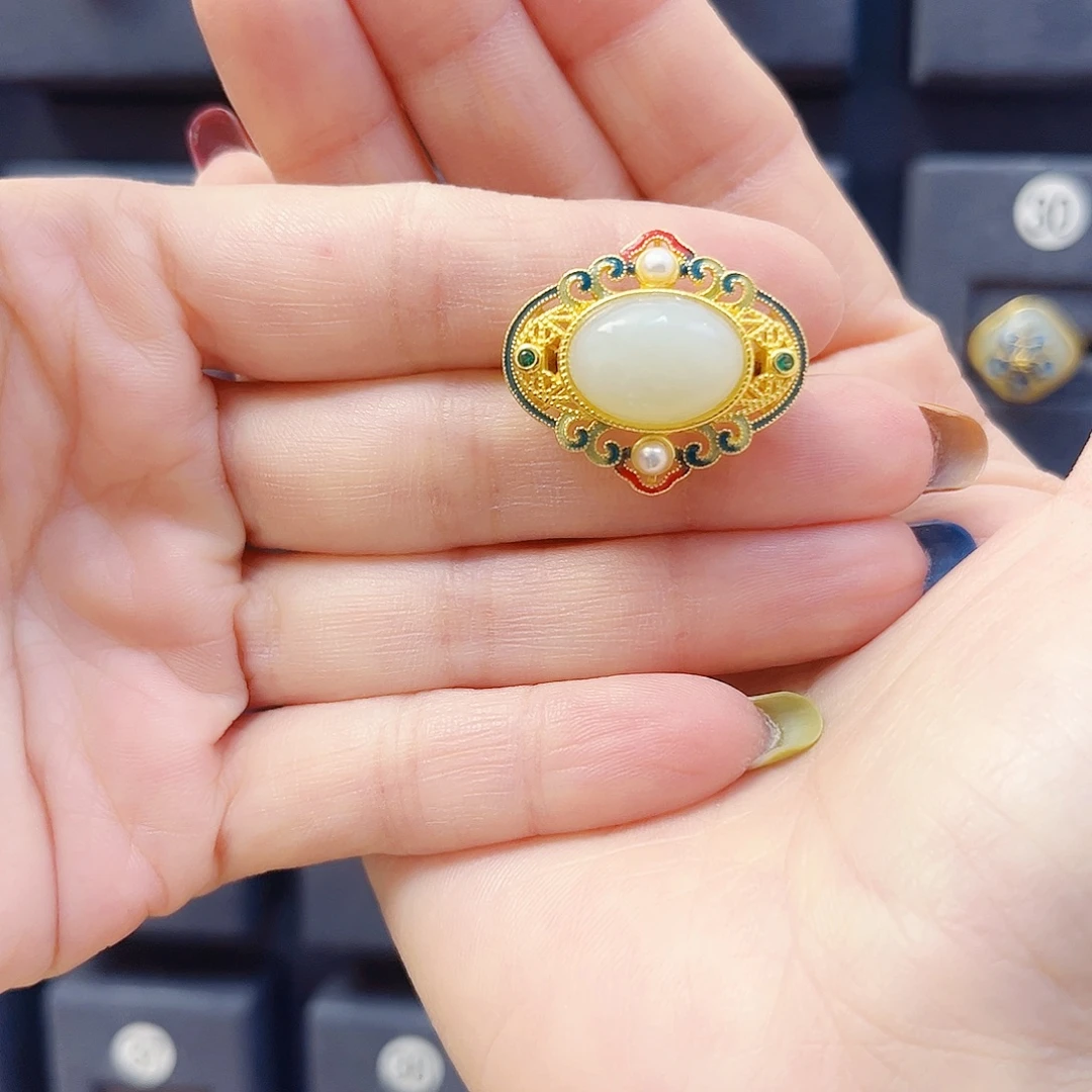 和田玉银S925镀金镶嵌戒指