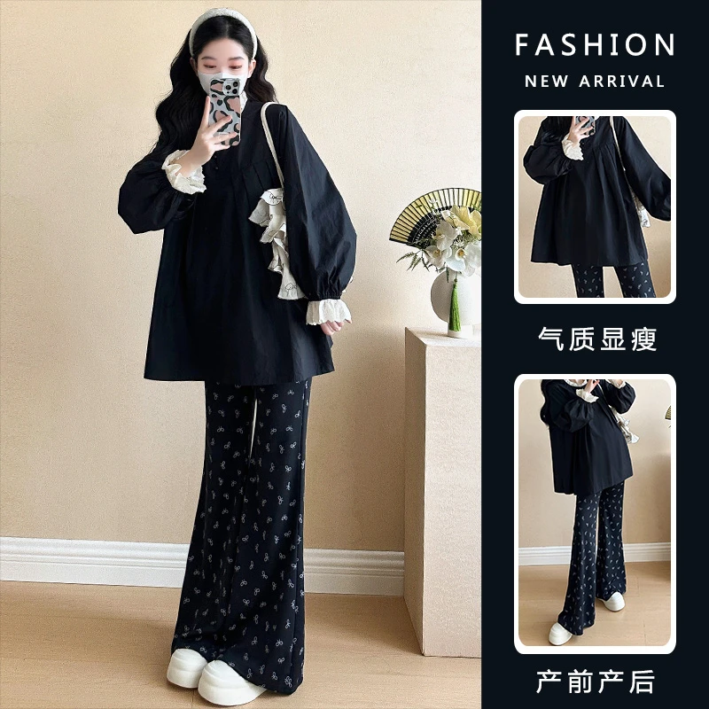 时髦孕妇装春季新款衬衫娃娃领蕾丝拼接大码显瘦长袖网红上衣衬衫