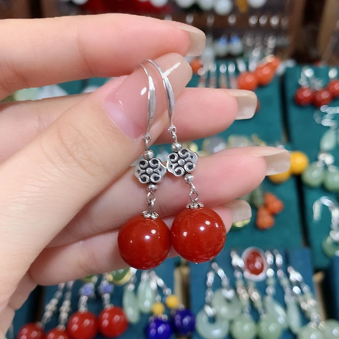 玛瑙/玉髓耳饰银S925镶嵌天然红玛瑙12mm左右（锦红）