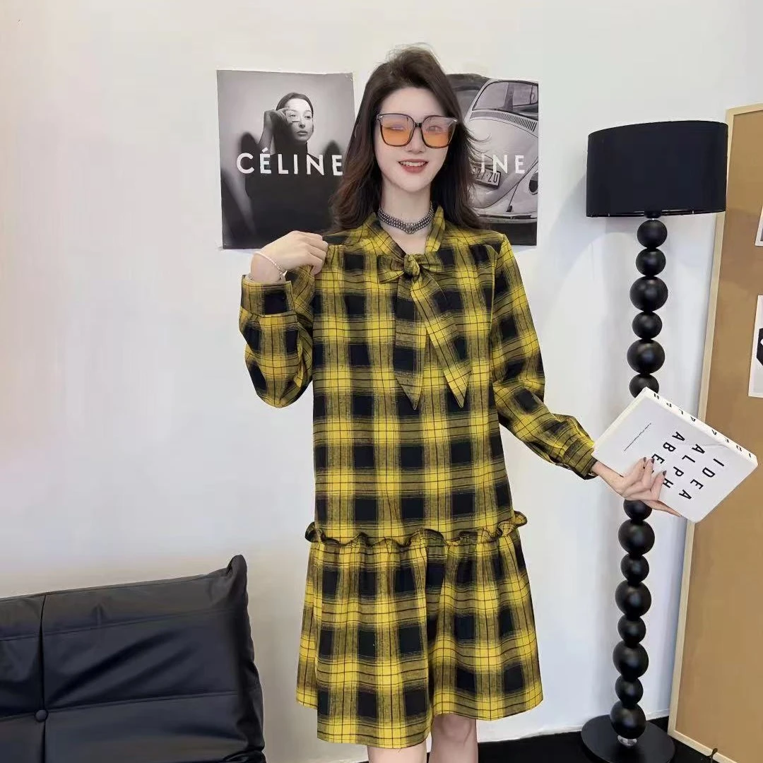 2025秋季新款胖MM大码法式气质格子遮肚子显瘦休闲长袖衬衫连衣裙