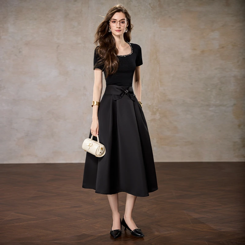 【薇薇专属】AUI黑色名媛气质半身裙高腰显瘦小众A字裙子-25W149373