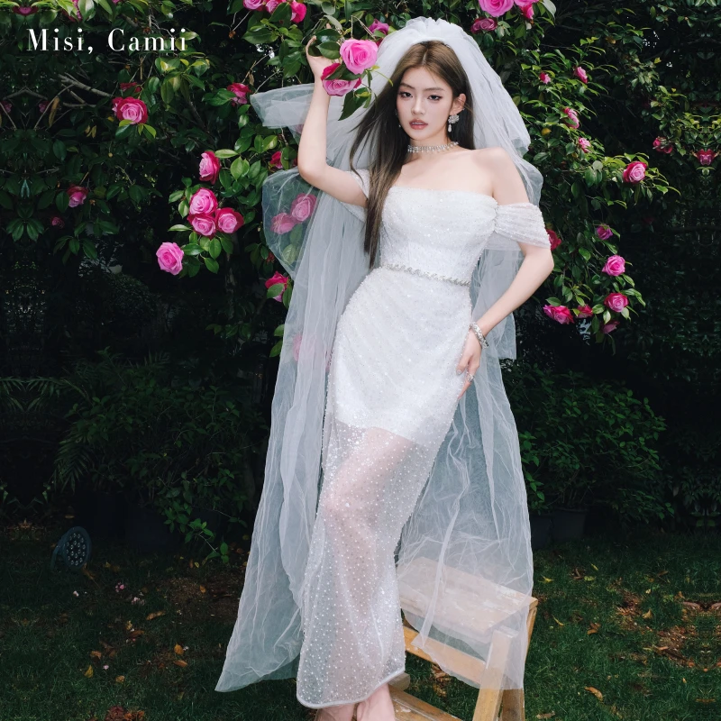 Misi,Camii2025年夏季新款女装钻饰钉珠开叉抹胸礼服裙高定连衣裙