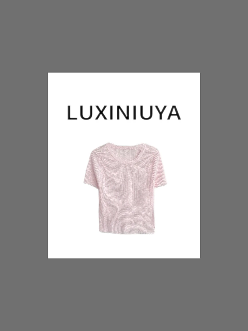 【LUXINIUYA】粉色柔软舒适纯色短袖轻薄针织上衣#CX3454