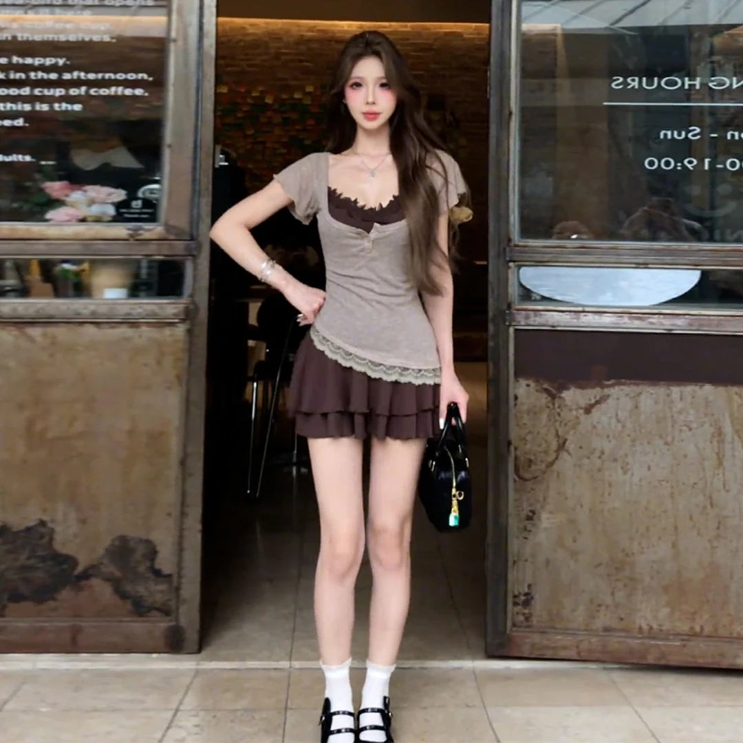 辣妹设计感纯欲蕾丝连衣裙子女夏2025新款收腰修身套装短裙