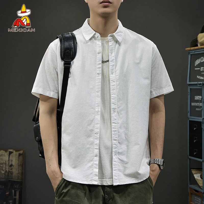Mexican/稻草人日系男士白衬衫夏季薄款凉感透气高级感短袖衬衣潮