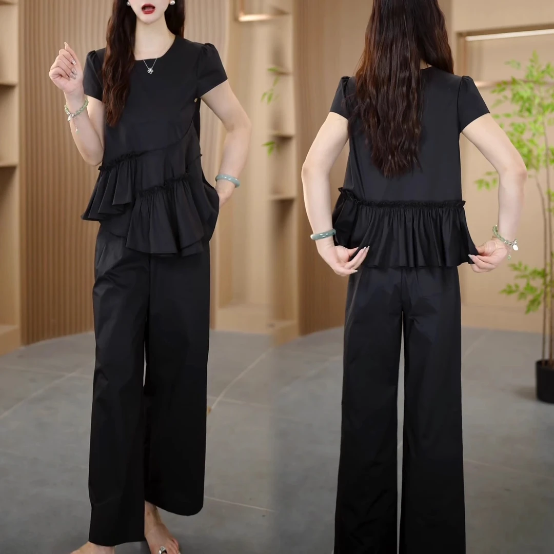 2025夏季新款时尚洋气显瘦不规则荷叶边上衣阔腿裤休闲两件套装女