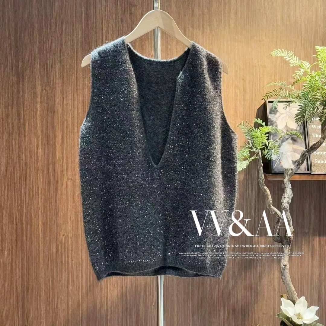 VV&AA 深V领复古百搭坎肩亮片轻奢风马甲背心 MJ3789
