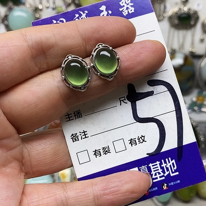 笑***尘蛇纹石玉银S925镶嵌耳环