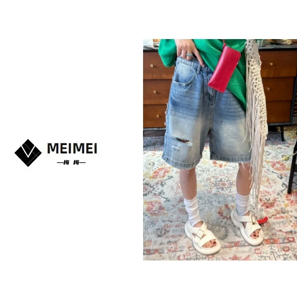 XMM.【毛边破洞牛仔五分裤】牛仔短裤洋气时尚薄款宽松潮流衣GZ8509
