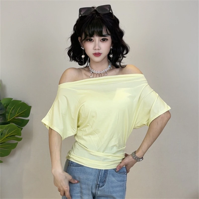 迪否甜辣性感一字肩斜肩短袖T恤女夏季设计感修身显瘦气质上衣216