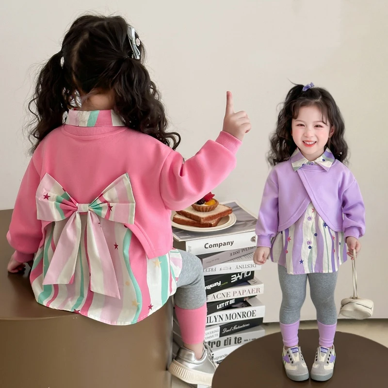 女童假两件衬衫套装2025新款儿童春秋装洋气时髦女宝打底裤两件套