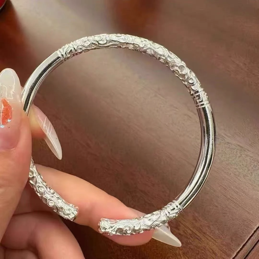 足银手镯 如意金箍足银实心雕花纹开口镯创意情侣送女友礼物