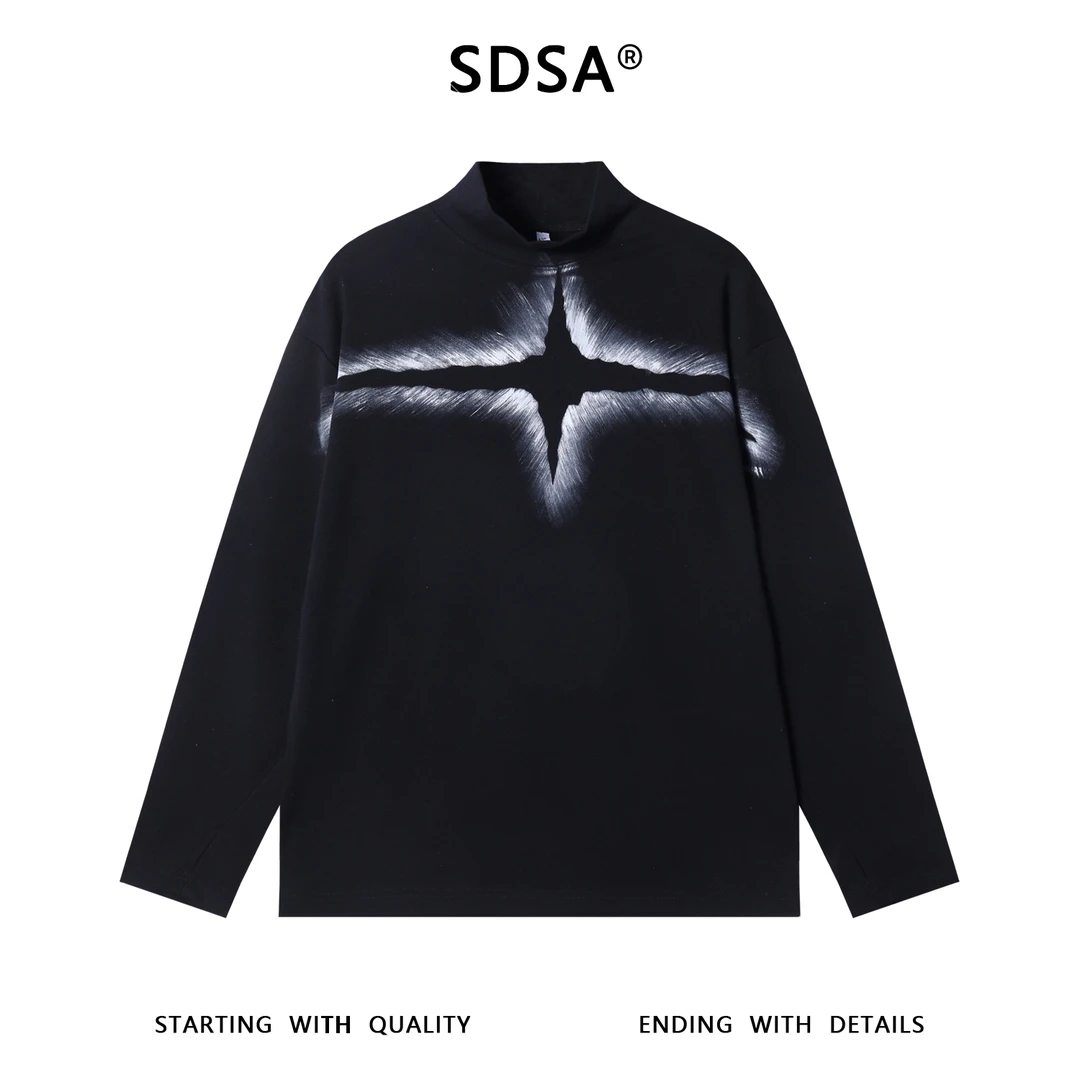 SDSA男士秋冬新款痞帅男装小众设计印花十字半高领长袖T恤百搭潮